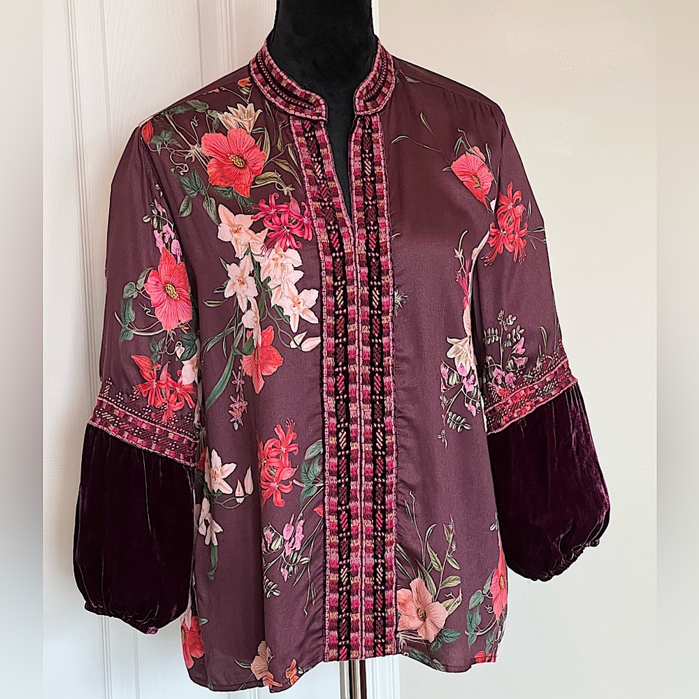 Johnny Was Paris Effortless Blouse, Velvet, Embroidered in Cabernet, Size S